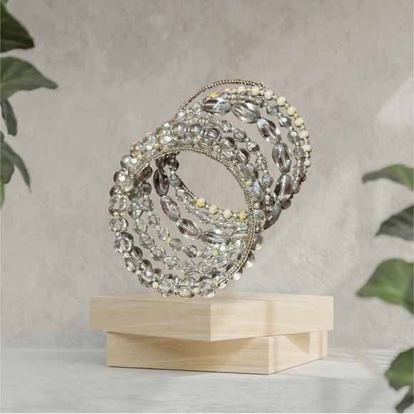 Silver/Tan Women's Shimmery Seven Row Beaded Spiral Bracelet - Picture 5 of 14